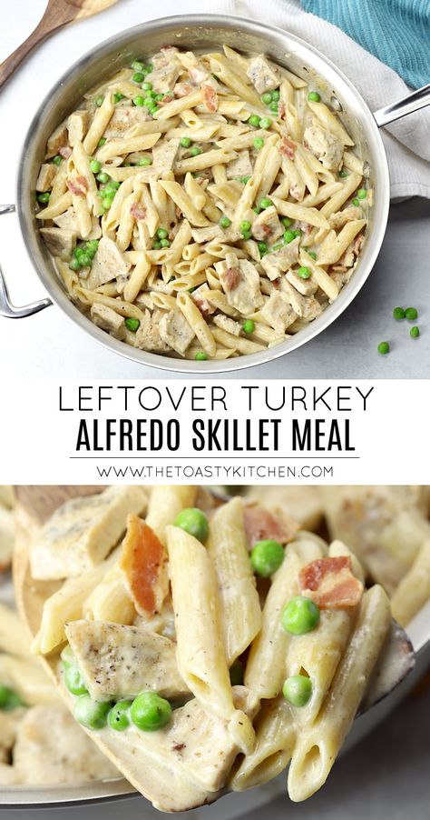 Leftover turkey alfredo skillet meal recipe by The Toasty Kitchen - #leftovers #leftoverturkey #thanksgiving #recipe #homemade #bacon #pasta #alfredosauce #skilletmeal #onepanmeal #dinnerideas #mealideas #recipe Turkey Alfredo, Bacon Peas, Thanksgiving Recipes Drinks, Creamy Alfredo Sauce, Turkey Pasta, Scrumptious Food, Skillet Recipes, Leftover Turkey Recipes, Alfredo Sauce Recipe