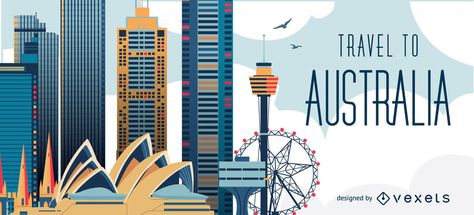 Illustrated Australian skyline featuring it's most important buildings like Syndey's Opera House. On the side it says Travel to Australia. Text is editable. Travel To Australia, Australia Skyline, Australia Tourism, Real Estate Marketing Design, Building Illustration, Travel Brochure, City Landscape, Educational Projects, Travel Design