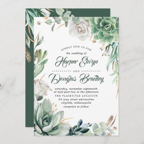 $2.51 | Greenery | Green & Gold | Succulent Floral Wedding Invitation #wedding #greenery #gold #greenandgold #succulents #floral #watercolor #rustic #elegantneutral #alabasterfoliageandeucalyptus Succulent Invitation, Garden Engagement Party, Garden Bridal Shower Invitations, Summer Baby Shower Invitations, Elegant Engagement Party, Rustic Baby Shower Invitations, Garden Bridal Showers, Elegant Baby Shower, Summer Baby Shower