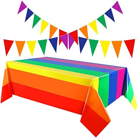 2 Pieces 51 x 71 Inch Carnival Pride Rainbow Disposable Plastic Tablecloth Rectangle Table Cover with 2 Pieces 20 Fee... Carnival Pride, Rainbow Table, Rainbow Bunting, Car Themed Parties, Race Car Party, Rainbow Birthday Party, Pennant Banner, Party Table Cloth, Plastic Tablecloth