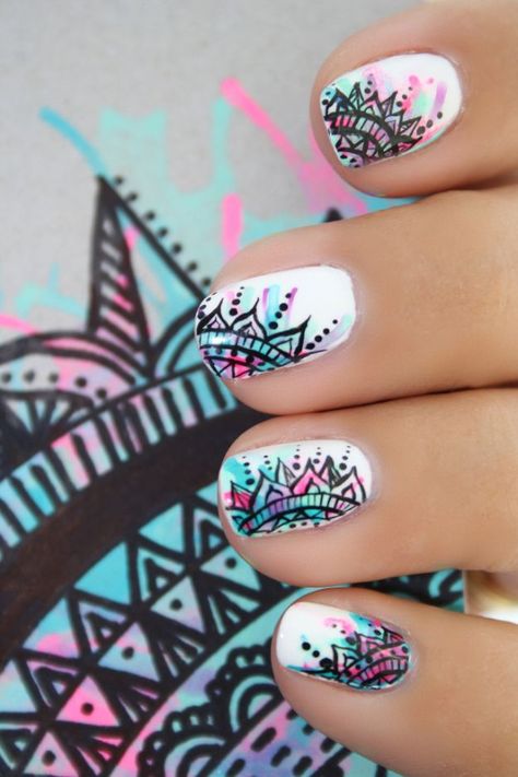 Awesome Nail Art Patterns And Ideas - Indian Inspired Nail Art - Step by Step… Mandala Nails, Best Nail Art Designs, Pink Nail, Cute Nail Art, Beautiful Nail Art, Nail Art Summer, Cute Nail Designs, Fancy Nails, Creative Nails