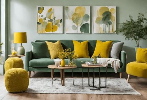 10 Colors that Go Well with Sage Green | by Amelia Wilson | Medium Green Yellow Living Room, Living Room Design Green, Mustard Living Rooms, Sage Green Living Room, Yellow Decor Living Room, Dc House, Beige Couch, Green Living Room Decor, Sage Green Color