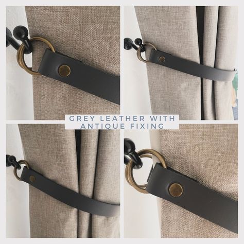 Grey leather curtain tie backs with antique fixings. #grey #greyleather #curtains #curtain #tiebacks #interiordesign #homedecor #homesweethome #fypage #fyp #etsy #shopify #website Leather Curtain Tie Backs, Curtain Tiebacks, Shopify Website, Curtain Ties, Curtain Tie Backs, Home Styling, Grey Leather, Tie Backs, Brown Leather