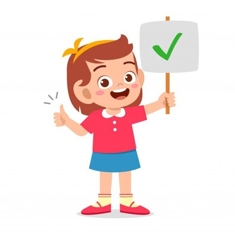 Happy cute kid girl carry correct sign | Premium Vector #Freepik #vector #people #girl #character #cartoon Wrong Sign, Ok Hand Sign, Thumbs Up Sign, Kids Cartoon Characters, Happy Cow, Kids Vector, Pop Art Comic, Cows Funny, Classroom Rules