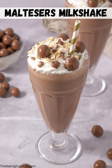 Recipe for Maltesers Milkshake - a delicious chocolate malt shake, using only four ingredients and ready in under 5 minutes! #thebakingexplorer #maltesers #chocolatemalt #milkshake #chocolateshake Malt Milkshake, Maltese Recipes, Recipe Conversions, Donut Dessert, Drink Inspiration, Chocolate Malt, Malted Milk, Chocolate Shake, Chocolate Powder