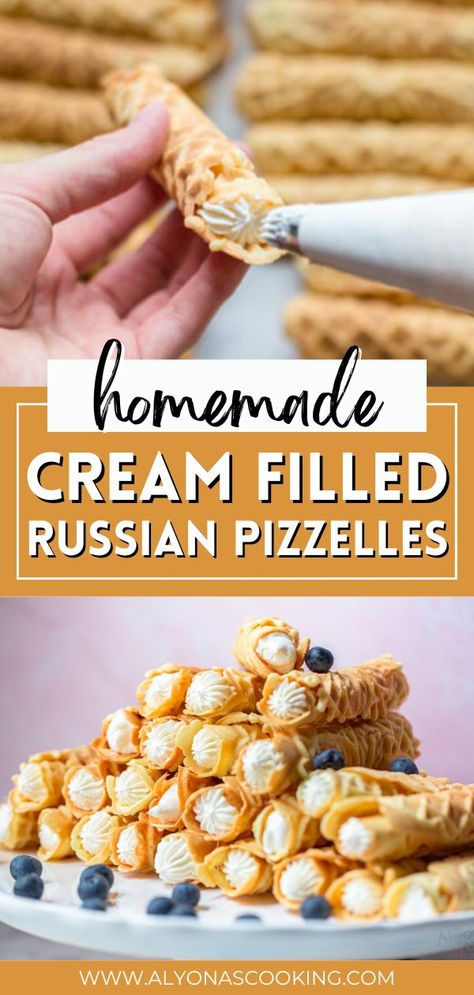 These Homemade Cream Filled Russian Pizzelles are delicious and can be made up to a week ahead of time. Also known as Trubochki, this dessert consists of crispy rolled wafer shells filled with sweet cream! This recipe makes 68 rolled pizzelles and it’s more than enough for a party or holiday gathering. Cream Filled Pizzelles, Christmas Pizzelle Cookies, Easy Pizzelle Recipe, Filled Pizzelle Recipe, Pitzells Recipe Anise, Vanilla Pizzelle Recipe, Pizzelle Cannoli Recipe, Best Pizzelle Recipe, Maple Pizzelle Recipe