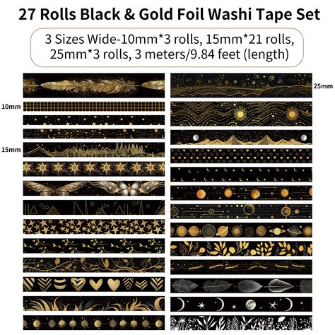 Black Washi Tape Set, 27 Rolls Black Gold Foil Decorative Masking Tape for Bullet Journaling, Scrapbooking Supplies, Watercolor Painting : Amazon.co.uk: Home & Kitchen Black And White Washi Tape Printable, Aesthetic Washi Tape Sticker, Yellow Washi Tape Printable, Gold Washi Tape, Washi Tape Bullet Journal, Washi Tape Set, Gold Aesthetic, Fashion Toys, Crystal Art