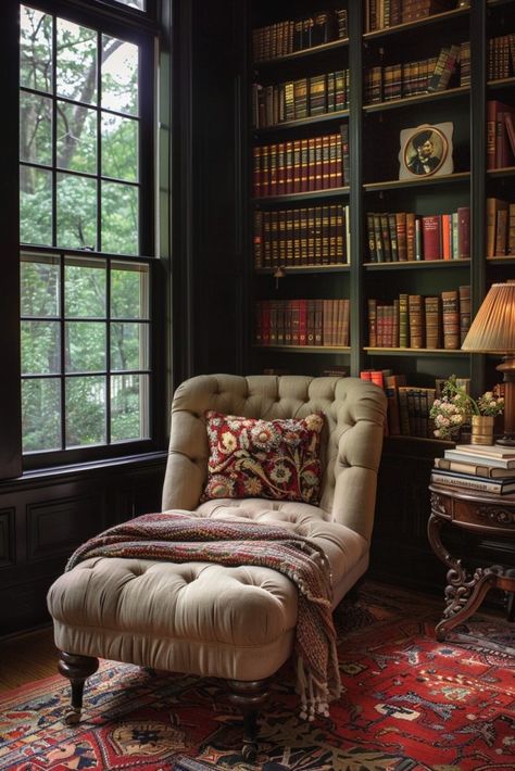 29 Dark Academia Decor Ideas to Enrich Your Home with Scholarly Charm 27 Chaise Library, Window With Shelves, Reading Alcove, Corner Window Seat, Dark Academia Living Room, Dark Academia Interior, Indian Houses, Academia Office, Cozy Library