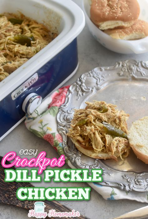 Tangy, saucy, & packed with big dill pickle flavor, Crockpot Dill Pickle Chicken is my new obsession! I love how easy this dump & go recipe is Crockpot Pickle Chicken, Chicken And Pickles Recipes, Dill Pickle Chicken, Pickle Chicken, Chicken Pickle, Shredded Chicken Crockpot, Dill Chicken, Dill Pickle Recipe, Brine Chicken