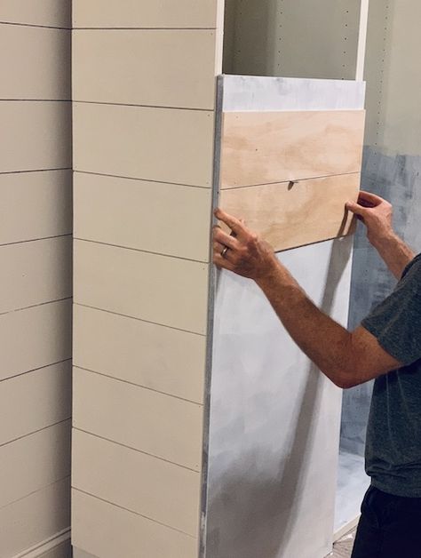 Shiplap On Cabinet Ends, Shiplap Cabinet Doors, Shiplap Cabinets, Ikea Cabinet Hack, Diy Cabinet Refacing, Cabinet Hack, Top Of Kitchen Cabinets, Ikea Cabinet, Painting Shiplap