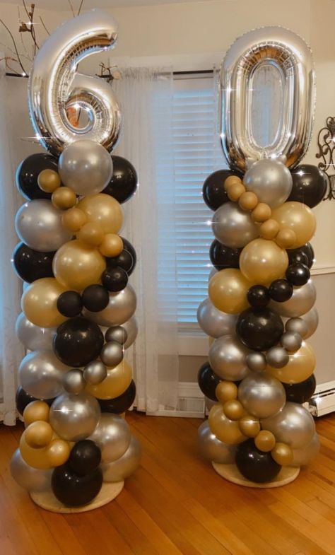 Birthday Balloon Columns 60th Bday Theme Ideas, Balloon Arch 60th Birthday, 60 Ballon Decoration, Black Gold Silver Balloon Columns, 60 Birthday Balloons, 60 Balloon Decorations, Grandpa Birthday Party Ideas, Balloon Columns Ideas Birthday, 60th Balloon Ideas