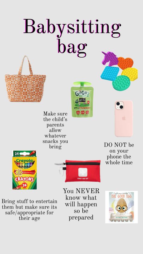 I hope you have an idea for what to put in your babysitting bag!! Also you can obviously put your own stuff.💕 Babysitting Bag, Babysitting Kit, Babysitting Hacks, Babysitting Flyers, Babysitting Activities, Babysitting Fun, Babysitting Jobs, Best Study Tips, Activity Kits