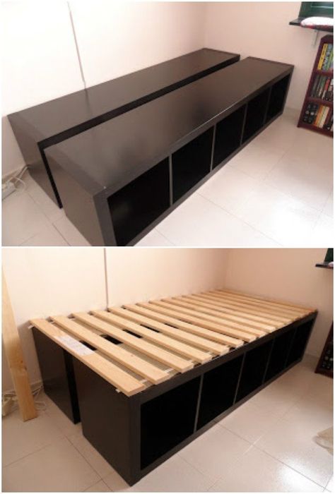 20 Cube Organizer DIY Ideas To De-clutter Your Whole House Cube Bookshelf Bed, Ikea Underbed Storage Hack, Storage Cube Bed Frame Queen Diy, Cube Bed Frame Diy Twin, Under Bed Storage Ideas Diy, Bookshelf Headboard Diy, 8 Cube Organizer Ideas Bedroom, Storage Cube Bed, Cube Shelf Ideas