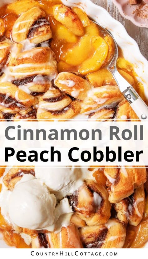 Pillsbury cinnamon roll peach cobbler is the stuff dreams are made of! The delicious dessert recipe is easy and quick! You only need 5 simple ingredients and can use fresh or canned peaches. It's a family favorite and a must-make for every holiday! It will literally take you 10 minutes to assemble, and it will be on the table in less than an hour from start to finish. It takes little effort to create this delicious, warm, ooey gooey dessert. A great last-minute dessert! | CountryHillCottage.com Peach Recipes Crescent Rolls, Cinnamon Roll Peach Cobbler Recipe, Peach Cinnamon Rolls Easy, Peaches And Cream Cinnamon Rolls, Easy Peach Cobbler Cinnamon Rolls, What To Do With Extra Peaches, Peach Cobbler Cinnamon Rolls Recipe, Peaches In A Can Recipes, Peach Cinnamon Roll Casserole