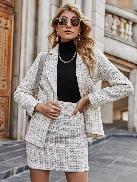 Open Front Belted Plaid Tweed Blazer & Skirt Set | SHEIN USA Tweed Skirt And Blazer Outfit, Tweed Skirt And Blazer, Matching Skirt And Blazer, Tweed Blazer And Skirt Set, Tweed Blazer Skirt Outfit, Tweed Coord Set, Skirt Coord Set, Skirt Suit Outfit, Skirt And Blazer Set