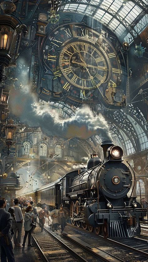 Trains Fantasy Art, Steam Punk Illustration, Snowy Train Station, Steam Punk Background, Steampunk Dark Academia, Steampunk World Art, Steampunk Building Concept Art, Old Trains Steam Locomotive, Time Machine Drawing