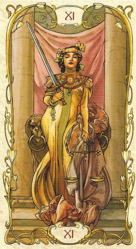 Justice - Tarot Mucha Tarot Mucha, Justice Tarot, Tarot Tattoo, Lady Justice, Tarot Major Arcana, Oracle Tarot, Tarot Cards Art, Tarot Learning, Tarot Art