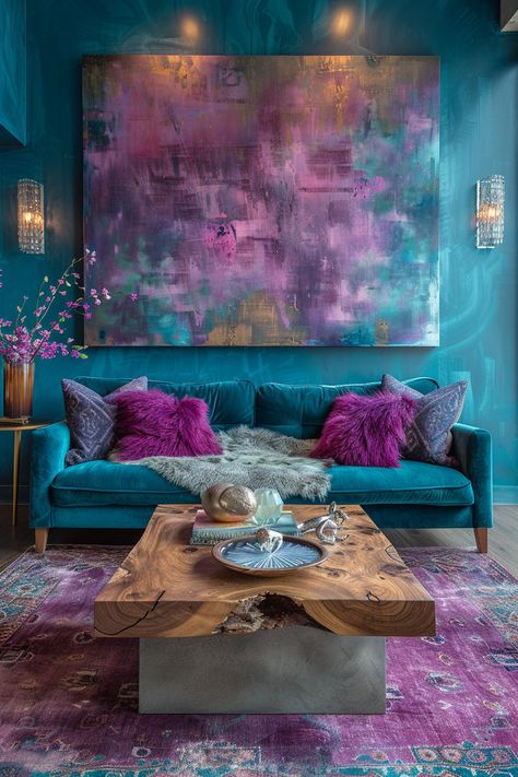 living room decor, living room inspiration, teal living rooms, living room ideas, teal sofas, Teal Sitting Room Ideas, Purple Teal Grey Living Room, Teal Pink Office, Teal And Pink Living Room Ideas, Blue Living Room Boho, Teal And Purple Living Room, Purple Sofa Living Room Ideas, Blue And Purple Living Room, Interior Design 2025