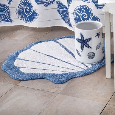 A Bella Coastal Decor Exclusive - Soft cotton rug in a seashell design. Machine wash. 32"W x 27"L. Coastal College Dorm, Artic Nursery, Seashell Rug, Beachy Rug, Bathroom Rug Ideas, Coastal Dorm, Ocean Things, Coastal Rug, Coastal Room Decor