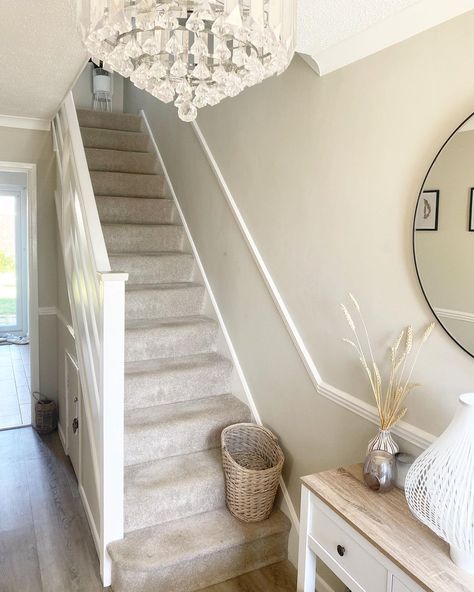 Under Stairs Styling, Hall Ways Decor, Dulux Polished Pebble Hallway, New Build Hallway Ideas, New Build Hallway, Cream Hallway Ideas, Side Of Stairs Decor Ideas, Neutral Stairs, Porch Ideas Entrance Interior