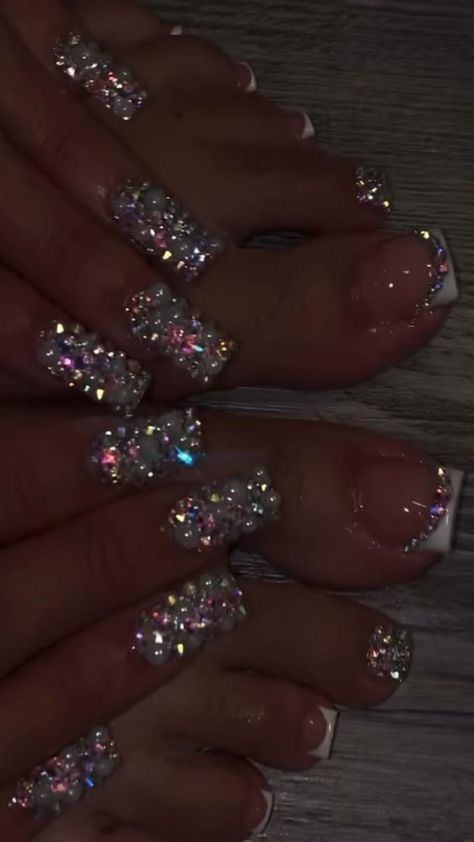 Black Nails Rhinestones Bling, Croc Print Nails With Rhinestones, Black Rhinestone Nails Short, Short Acrylic Nails Designs With Stones, Best Acrylic Nails Designs Glitter, Sparkle Acrylic Nails Short, Diamonds Nails Design, Diamond Sparkle Nails, Boujie Nail Designs