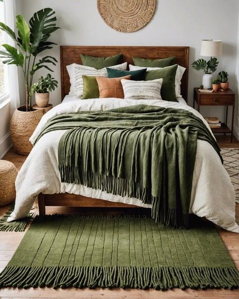 Olive Black And White Bedroom, Natural Life Style Aesthetic, Forest Green Bedroom Color Scheme, Olive Green And Black Bedroom, Olive Green Bedding Ideas, Olive Green Room Ideas Bedrooms, Green Boho Bedding, Green Comforter Bedroom Ideas, Dark Green Boho Bedroom