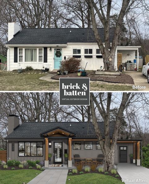 Outside House Remodel Before And After, Small Ranch Curb Appeal, Small Rancher Remodel, Ranch Home Siding Ideas Exterior Colors, Exterior Brick House Makeover, Diy Exterior Home Makeover, Front Home Remodel, Back Porch Remodel Before And After, Gray Ranch Style House Exterior