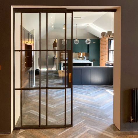 BespokeGlazingDesign on Instagram: “A Crittall revelation - the sliding door. This week we installed our brand new product at a newly renovated home in Cardiff. . .…” Crittal Doors Sliding, Brass Crittal Doors, Industrial Sliding Doors Internal, Internal Crittal Doors Room Dividers, Crittal Double Sliding Doors, Indoor Glass Doors, Kitchen Door Designs, Sliding Doors Internal, Crittal Doors