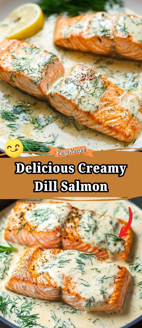 Indulge in the rich and aromatic Creamy Dill Salmon, where salmon fillets are perfectly seared and draped in a luxurious sauce of lemon juice, Dijon mustard, and heavy cream, highlighted with fresh dill. This dish combines the natural succulence of salmon with a creamy, herb-infused sauce, making it a delightful choice for a sophisticated yet easy meal. #CreamySalmon #DillSalmon #SeafoodDinner Creamy Dill Salmon Recipes, Creamy Dijon Salmon, Coconut Dill Salmon, Salmon Recipes Dill Sauce, Salmon Recipes With Heavy Cream, Dill Cream Sauce Salmon, Lemon Dill Cod, Dinner Recipes With Dill, Salmon And Dill Recipes