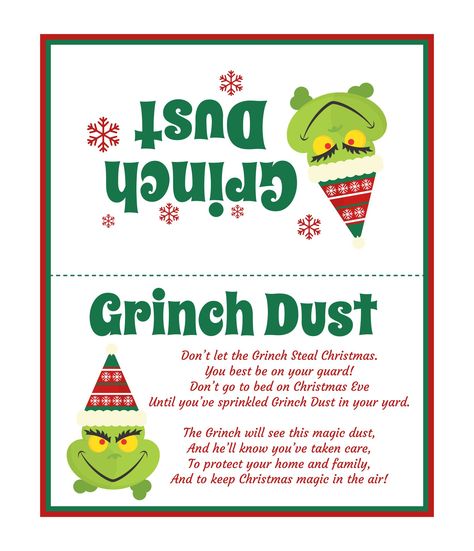 Grinch Christmas Printables, Grinch Dust Printable Free, Grinch Dust, Advent Printables, Grinch Dinner, Elf On The Shelf Easy, Grinch Craft, Grinch Printable, Christmas Bingo Printable