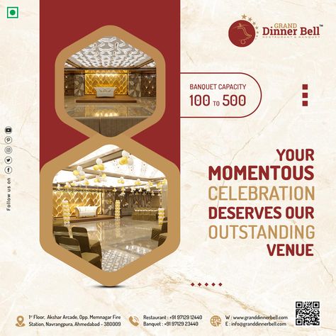 Your momentous celebration deserves our outstanding venue. #Granddinnerbell #Dinnerbell1 #Restaurant #Banquet #Memnagar #DarpanSixRasta #Ahmedabad #googlebusiness #review #testimonial #guestreview Banquet Hall Social Media Post, Banquet Hall Poster Design, Banquet Hall Ads, Banquet Hall Creative Ads, Hotel Marketing Design, Photoshop Editing Tutorials, Hotel Marketing, Convention Hall, Google Business