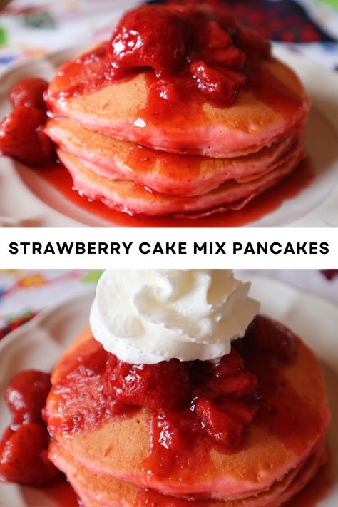 Strawberry Cake Mix Recipes, Strawberry Pancakes Recipe, Cake Batter Pancakes, Cake Mix Pancakes, Delicious Strawberry Cake, Pancake Mix Recipe, Flavored Pancakes, Strawberry Pancakes, Pancake Cake