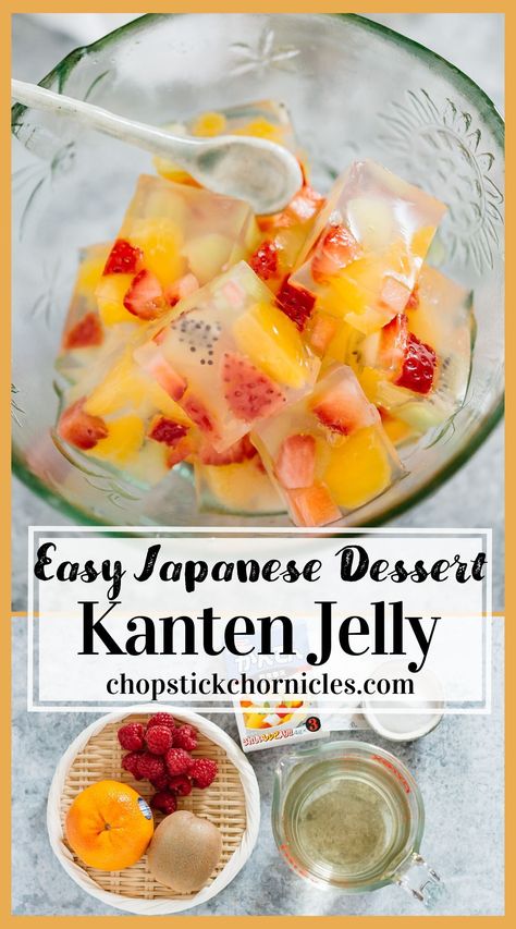 Delicious and pretty Japanese dessert recipe. Kanten Jelly is made from red algae, rich in plant fibre and ultra-low calories (only 3 cal in 100g). So this Japanese dessert recipe is a Vegan-friendly recipe as well as an easy snack recipe for Japanese cooking for beginners. #Kantenjelly #vegandessert #japanesedessertrecipe #japanesedessert #japanesesnack #japanesesweets #Japaneserecipe #veganrecipe Asian Jelly Desserts, Jelly Aesthetic, Pudding Pancakes, Easy Mochi, Japanese Picnic, Ice Cream Cake Roll, Asian Deserts, Mitarashi Dango, Japanese Buffet