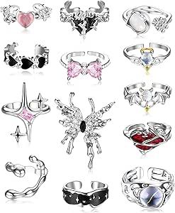 Cute Rings On Amazon, Chunky Rings Aesthetic, Silver Ring Aesthetic, Goth Rings, Rings Y2k, Rings Multiple, Pink Heart Rings, Rings Gothic, Fashion Ring Set