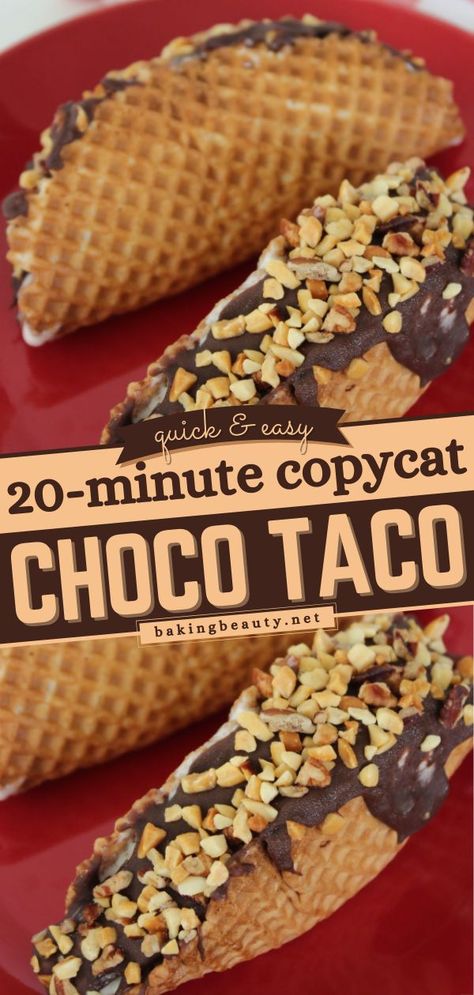 Copycat Choco Taco, Summer desserts/ frozen treats Desert Taco Recipe, Diy Choco Taco, Taco Dessert Ideas Easy Recipes, Choco Taco Homemade, Chocolate Tacos Desserts, Choco Taco Recipe, Dessert Tacos Recipes, Oreo Tacos, Taco Bar Dessert Ideas