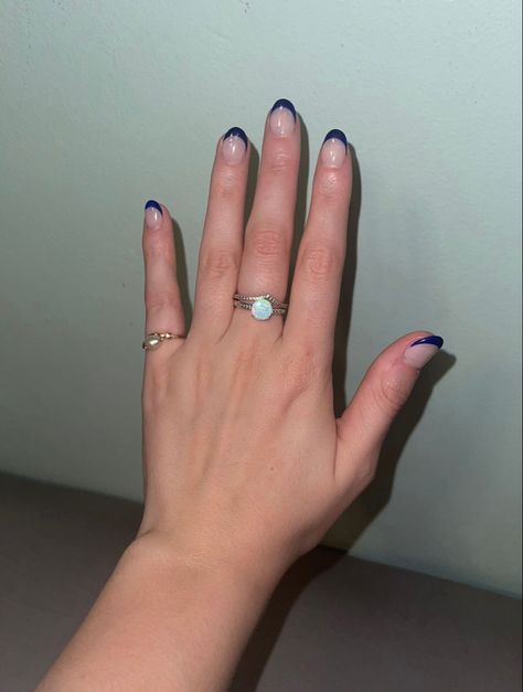 Oval acrylics with navy french tips Navy French Tips, Oval Acrylics, Navy Blue French Tips, Navy French Tip Nails, Nails 23, Grad Nails, Colored French Tips, French Tip Gel Nails, White Almond Nails