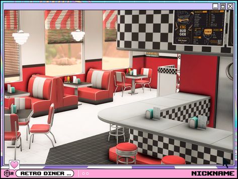 Sims 4 Diner Cc, Sims 4 Diner, Give Me A Nickname, Glass Dining Room Sets, Diner Booth, 1950s Diner, Diner Sign, Cc Patreon, Dining Room Ceiling