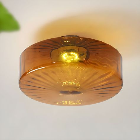 Amber Drum Shape Flush Mount Ceiling Light with Glass Shade for Bedroom - 220V-240V 8" Kitchen Ceiling Lamp, Colored Glass Ceiling Light, Vintage Ceiling Lights Living Room, Small Bathroom Ceiling Light, Mcm Ceiling Light, Vintage Ceiling Lamp, Vintage Flush Mount Lighting, Aesthetic Ceiling Light, Hallway Lights Ceiling