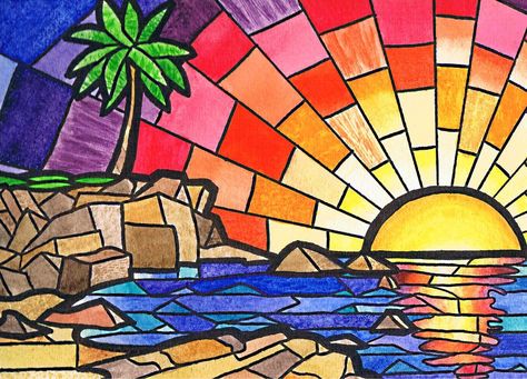 Drawing Sunset, Glass Painting Patterns, Cubism Art, Hawaiian Art, Mosaic Artwork, Art Stained, Stained Glass Designs, Stained Glass Projects, Ocean Painting