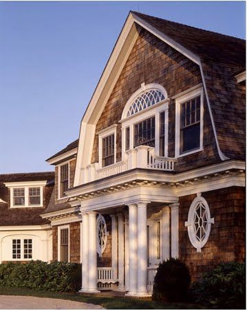 Dutch colonial shingle home. Interesting Windows, Windows Trim, Hamptons Houses, Cedar Shingle, Dutch Colonial Homes, Residential Exterior, Cape Henlopen, Colonial Homes, Gambrel Roof