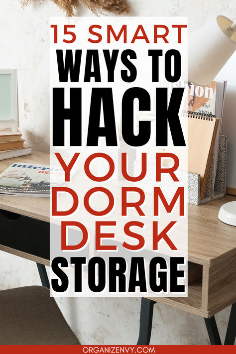 A desk in a college dorm room Above Desk Storage, Dorm Desk Shelf, How To Organize Your Desk, Dorm Desk Hutch, Desk Storage Ideas, College Dorm Desk Ideas, College Desk Organization, Dorm Room Desk Ideas, Teen Guy Room