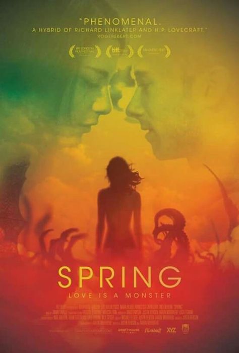 Beautiful romantic horror. Pure H.P. Lovecraft mixed with Linklater. #spring #horror #horrormovie #terror #thriller #creepy #scary #romance #love #hplovecraft #richardlinklater #justinbenson #aaronmoorhead #pop #PopCulture #Geek #nerd #Movies #Filmes #films #cine #cinema #tvseries #art #Culture #cult #entertainment Nadia Hilker, Spring Movie, Indie Movie Posters, New Movie Posters, Indie Movies, Movies 2019, Love Is, Hd Movies, Horror Films