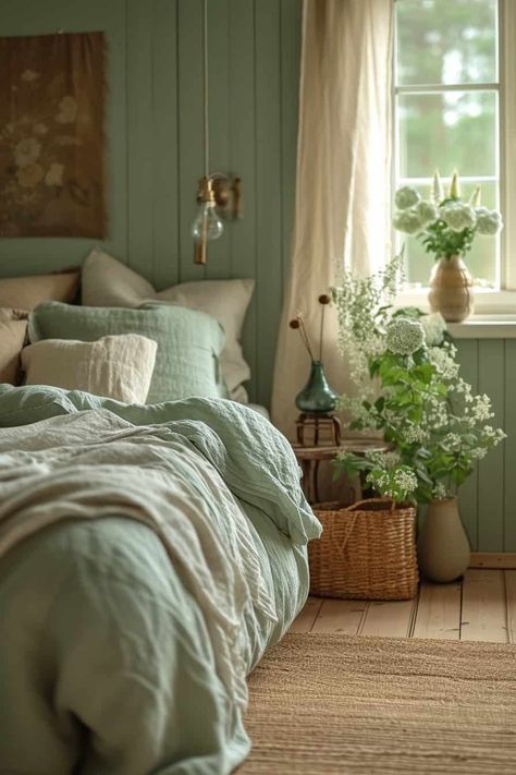 What is Sustainable Interior Design? | Green Snooze Bedroom Ideas Cottagecore, Color Palette Wood, Cottage Core Bedroom Ideas, Light Green Rooms, Interior Design Green, Cottage Core Bedroom, Cottage House Interior, Cottagecore Bedroom, Green Living Room Decor