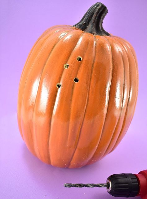 Pumpkin Drilling, Fake Pumpkins, Pumpkin Lights, Fall Halloween Crafts, Drilling Holes, Pumpkin Decorating, Drill Bit, Pumpkin Carving, Halloween Crafts