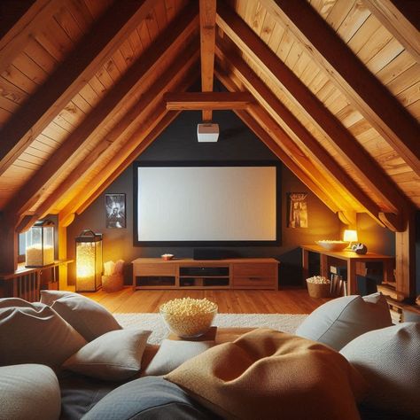 Attic Room Attic Lounge Ideas Living Rooms, Attic Seating Ideas, Attic Snug Room Ideas, Attic Projector Room, Attic Snug Ideas, Attic Space Renovation, Attic With Slanted Ceiling, Attic Entertainment Room Ideas, Loft Hang Out Room Ideas