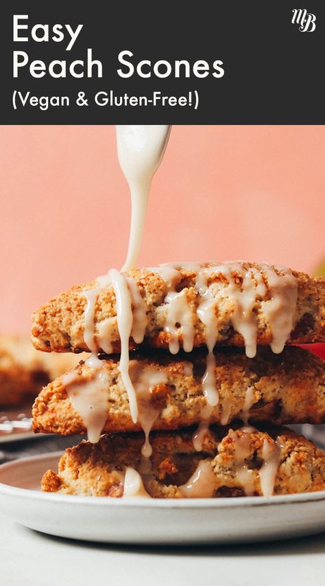 We're sharing another PEACHY recipe today with our Gluten-Free Peach Scones! They're everything you want in a scone: perfect flaky-ness, buttery flavor, & ooooozing with peachy goodness! Did we mention there's just 10 INGREDIENTS required? Peach scone recipe, easy peach scone recipe, homemade peach scone recipe, easy vegan scone recipe, gluten-free scone recipe, easy gluten-free scones Scone Recipe Easy, Peach Scones Recipe, Peach Scones, Vegan Scones, Gluten Free Scones, Minimalist Baker, Blueberry Scones, Peach Recipe, Scone Recipe