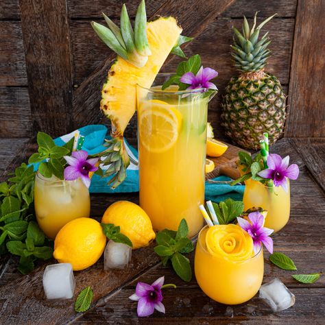 Pineapple Garnish, Fresh Pineapple Juice, Mint Cocktails, Alcoholic Cocktails, Pineapple Slices, Water Ice, Fruit Juices, Fresh Pineapple, Lemon Slices