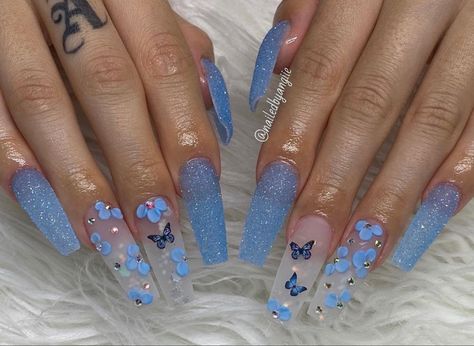 Signature Nails, Quince Nails, Quinceanera Nails, Teen Nails, Blue Glitter Nails, Light Blue Nails, Punk Nails, Blue Acrylic Nails, Nail Polish Stickers