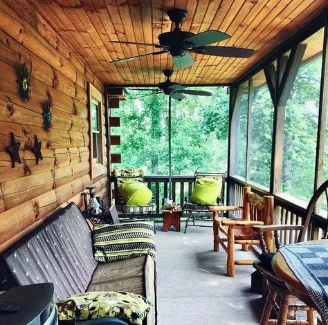 Log Cabin Porch Ideas, Cabin Deck Ideas, Small Condo Decorating, Cabin Patio, Cabin Porch, Screened Porch Designs, Log Cabin Ideas, Small Condo, Porch Addition