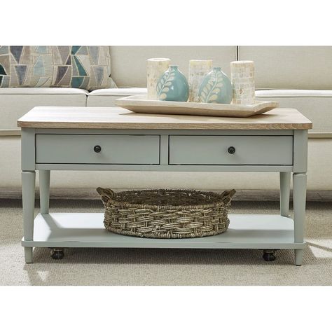 Create a charming focal point in your living space with this rectangular wood coffee table by The Gray Barn. Light Blue Coffee Table, Before And After Coffee Table, Coffee Table Refinishing Ideas, Coastal Coffee Table Decor, Beachy Coffee Table, Coastal Table Decor, Modern Farmhouse Coffee Table, Country Coffee Table, Painted Coffee Table